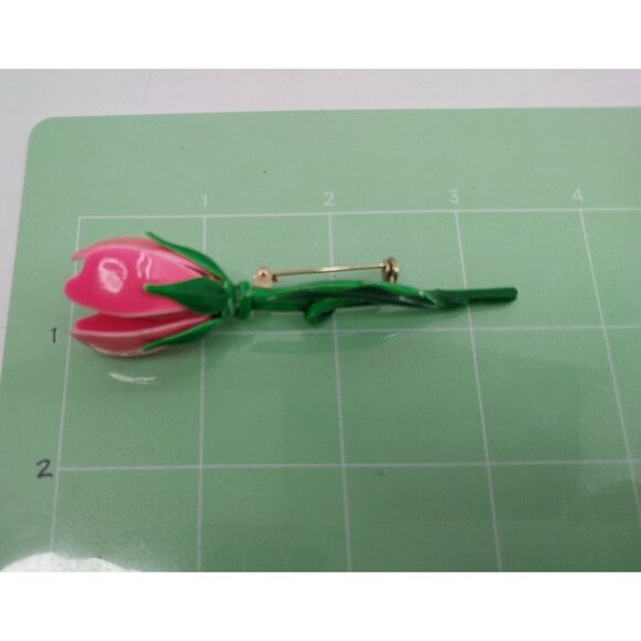 Vintage Pink Rose Enamel Flower Brooch Pin With Green Stem & Leaf Design - Picture 5 of 5